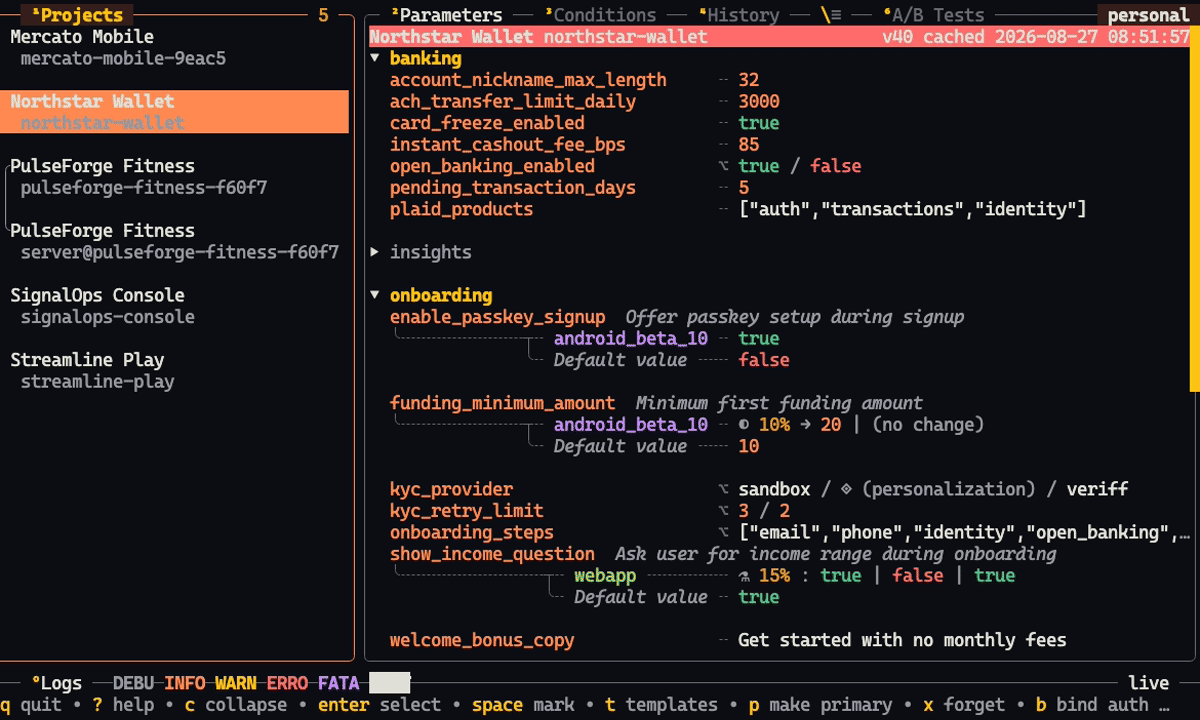 fbrcm terminal interface showing Firebase Remote Config projects and parameters