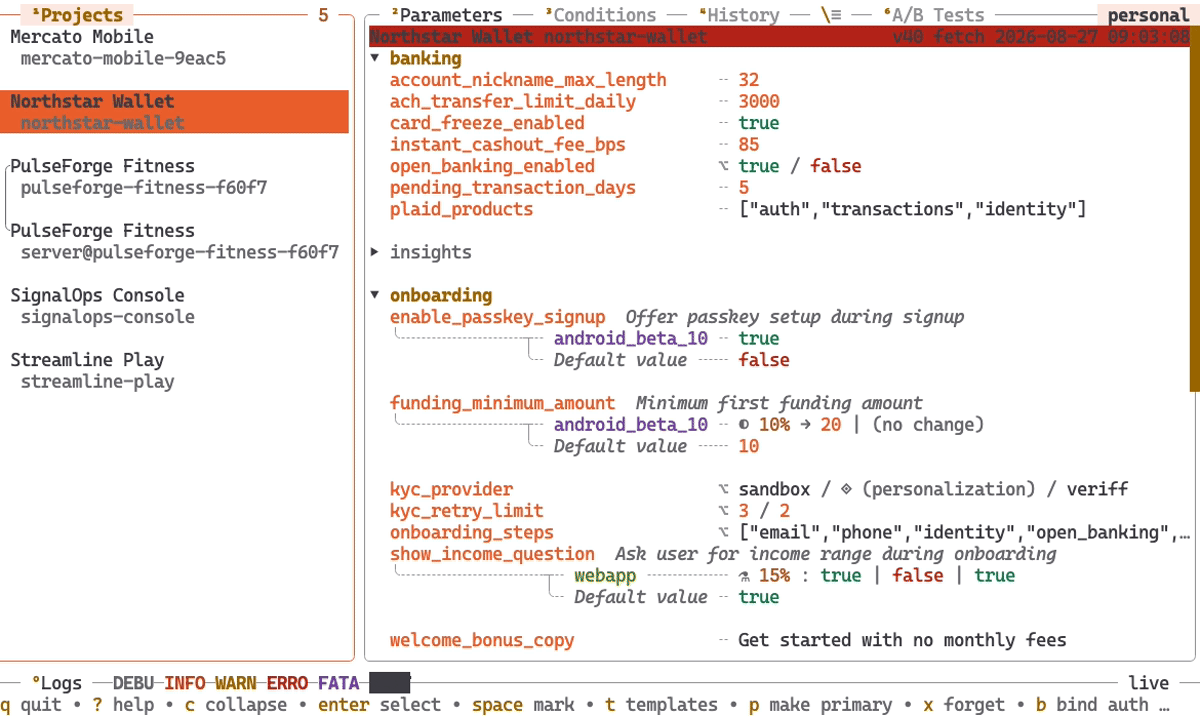 fbrcm terminal interface showing Firebase Remote Config projects and parameters